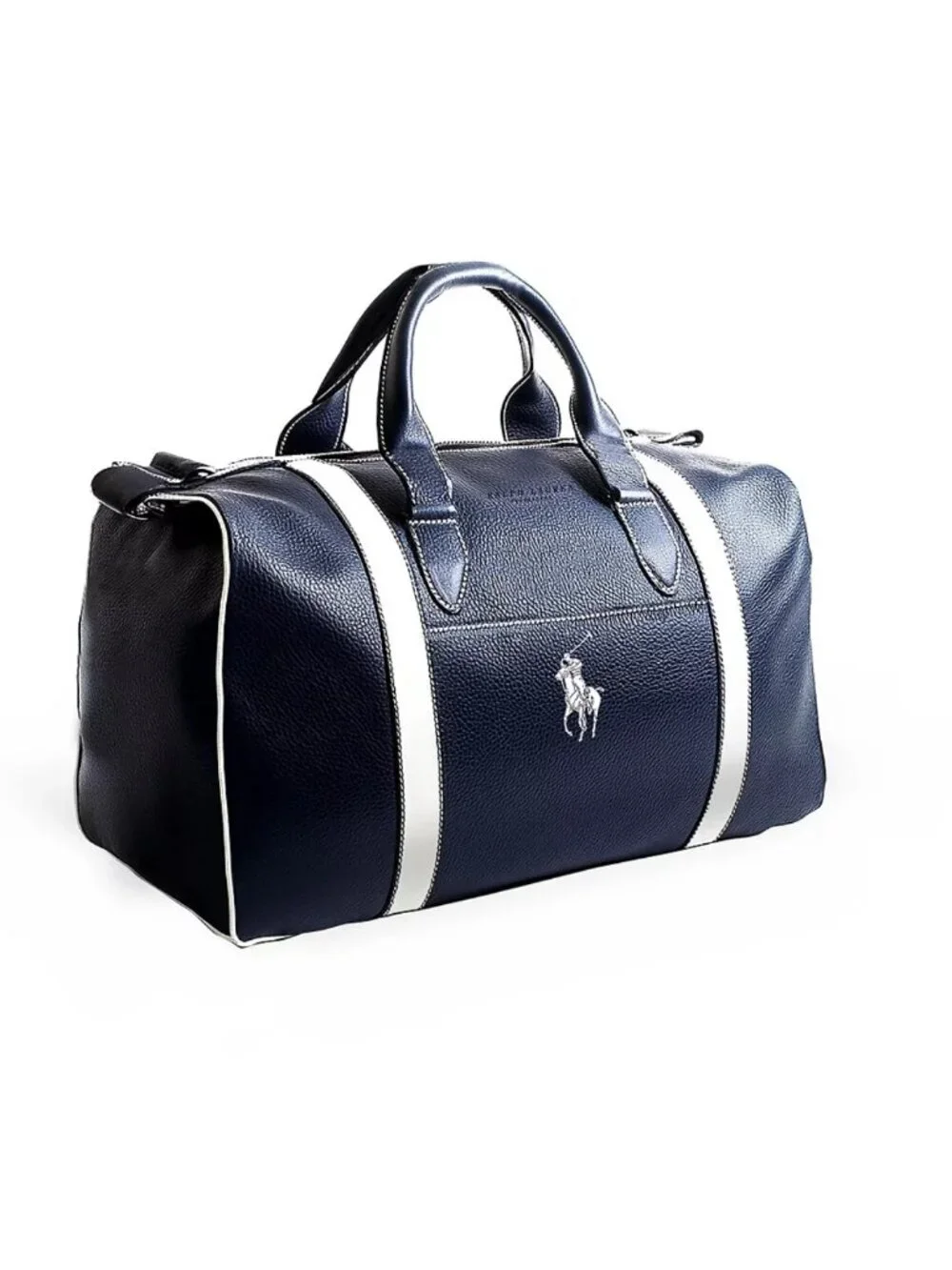 Ralph Lauren Fragrances POLO Duffle Bag Navy Blue White Faux Leather Travel NWT